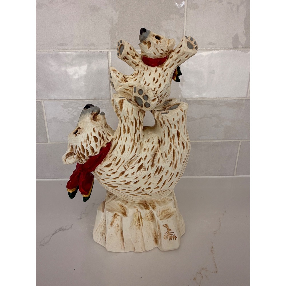 David Frykman Figurine Polar Bears Red Scarf DF1047 White Folk Art 1994 Vintage